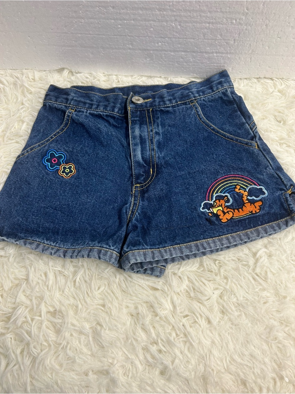 Girls' Blue Denim Shorts with Rainbow Tiger Embroidery